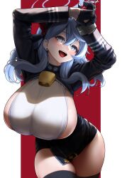 Rule 34 | 1girl, absurdres, ako (blue archive), bell, black gloves, black skirt, black thighhighs, blue archive, blue eyes, blue hair, blue hairband, blue jacket, blush, breasts, chain, cuffs, earrings, garter straps, gloves, hair between eyes, hairband, highres, holding, holding chain, jacket, jewelry, kos-owl, large breasts, long hair, looking at viewer, neck bell, open clothes, open jacket, open mouth, red ribbon, ribbon, shackles, sideboob, skirt, smile, solo, thighhighs