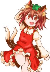 Rule 34 | 1girl, :d, animal ear fluff, animal ear piercing, animal ears, arm up, blush, bow, bowtie, brown eyes, brown hair, cat ears, cat tail, chen, clenched hand, commentary request, earrings, fang, flat chest, foot out of frame, frills, gold trim, green hat, hair between eyes, hat, jewelry, juliet sleeves, leg up, long sleeves, looking at viewer, mob cap, multiple tails, nekomata, open mouth, petite, petticoat, puffy sleeves, red skirt, red vest, shiromamekei, short hair, simple background, single earring, skirt, skirt set, smile, solo, standing, standing on one leg, tail, touhou, two tails, vest, white background, white bow, white bowtie