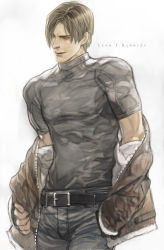 Rule 34 | 1boy, belt, brown eyes, brown hair, curtained hair, jacket, leon s. kennedy, male focus, resident evil, resident evil 4, short hair, short sleeves, simple background, solo