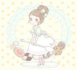 Rule 34 | 1girl, bad drawr id, bad id, bow, brown eyes, brown hair, buttons, character request, checkerboard cookie, circle, closed mouth, cookie, copyright request, food, frilled sleeves, frills, full body, green bow, green shirt, hair bow, hair bun, high heels, holding, holding spoon, looking at viewer, macaron, mini person, minigirl, oekaki, pink socks, plate, polka dot, polka dot background, shirt, short hair, short sleeves, skirt, smile, socks, solo, spoon, standing, striped bow, swept bangs, white footwear, white skirt, yellow background, yuu (drawr)