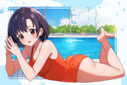 Rule 34 | 1girl, ass, bare shoulders, barefoot, black hair, blue sky, blush, breasts, brown eyes, bush, chain-link fence, collarbone, commentary, day, dot nose, fence, from side, full body, hands up, idolmaster, idolmaster cinderella girls, idolmaster cinderella girls starlight stage, legs up, looking at viewer, lying, mohemohemincho, on stomach, one-piece swimsuit, open mouth, outdoors, outside border, pool, poolside, red one-piece swimsuit, shiragiku hotaru, short hair, shy, sky, small breasts, smile, solo, splashing, steepled fingers, swimsuit, wet