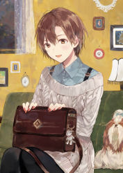 Rule 34 | 1girl, :d, bag, black pantyhose, blouse, blue shirt, blush, brown eyes, brown hair, collared shirt, commentary request, couch, dog, dress, fingernails, grey sweater, hair between eyes, handbag, highres, horiizumi inko, indoors, lamp, layered clothes, legs together, looking at viewer, nail polish, open mouth, original, pantyhose, portrait (object), red nails, ribbed sweater, shirt, short hair, sitting, smile, solo, sweater, sweater dress, window, wing collar