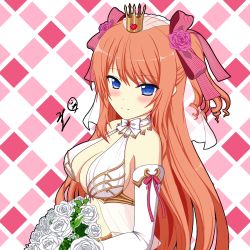 Rule 34 | alice (sennen sensou aigis), argyle, argyle background, argyle clothes, bare shoulders, blue eyes, blush, bouquet, breasts, bridal gauntlets, cleavage, crown, flower, gloves, hair flower, hair ornament, hair ribbon, long hair, looking at viewer, medium breasts, mini crown, mun (gunma), pink ribbon, ribbon, sennen sensou aigis, signature, simple background, smile, solo, two side up, upper body, very long hair, white gloves