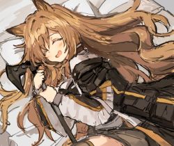 Rule 34 | 1girl, :d, animal ears, arknights, axe, bed, bed sheet, blush, brown shorts, cat ears, ceobe (arknights), closed eyes, hair between eyes, holding, holding axe, long hair, long sleeves, lying, on side, open mouth, shiduki eku, shorts, smile, solo