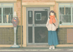 Rule 34 | 1girl, absurdres, bag, barber pole, black hair, blue skirt, blush, brick wall, brown eyes, building, covered mouth, door, hair ornament, hairclip, hands in pockets, highres, inoue haruka (haruharu210), long skirt, long sleeves, original, red scarf, scarf, shadow, shoes, short hair, shoulder bag, skirt, solo, standing, sweater, white footwear, white sweater, wide shot, window