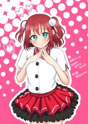 Rule 34 | 1girl, aqua eyes, artist name, artist request, black skirt, blush, bow, bowtie, breasts, collared shirt, female focus, fingers together, genki zenkai day! day! day!, green eyes, hair between eyes, hair ornament, highres, kurosawa ruby, looking at viewer, love live!, love live! school idol festival, love live! sunshine!!, own hands together, parted lips, pom pom (clothes), pom pom hair ornament, red hair, red skirt, saun yoi, shakumo, shirt, short hair, skirt, smile, solo, two side up, white shirt