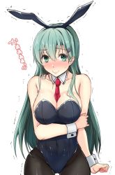 Rule 34 | 1girl, animal ears, aqua hair, bare shoulders, between breasts, blue leotard, blush, breasts, cleavage, collarbone, covered navel, cowboy shot, detached collar, embarrassed, fake animal ears, gin&#039;ichi (akacia), green eyes, hair ornament, hairclip, kantai collection, large breasts, leotard, long hair, looking at viewer, necktie, necktie between breasts, nose blush, pantyhose, playboy bunny, rabbit ears, red necktie, simple background, smile, solo, suzuya (kancolle), trembling, upper body, white background, wrist cuffs