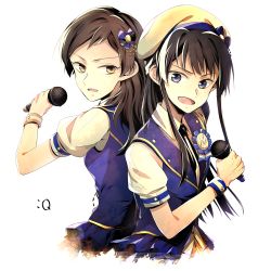 Rule 34 | &gt;:d, 10s, 2girls, back-to-back, beret, black hair, blue eyes, blue vest, brown eyes, brown hair, grateful blue (idolmaster), hair ornament, hat, holding, holding microphone, idolmaster, idolmaster million live!, kitazawa shiho, long hair, looking at another, microphone, mogami shizuka, multiple girls, open mouth, pclbang, simple background, upper body, vest, white background