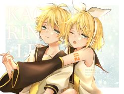 Rule 34 | 1boy, 1girl, bad id, bad twitter id, bass clef, blonde hair, blue eyes, bow, brother and sister, detached sleeves, hair bow, headset, highres, kagamine len, kagamine rin, leg warmers, necktie, sailor collar, shorts, siblings, sushi chisa, treble clef, twins, vocaloid