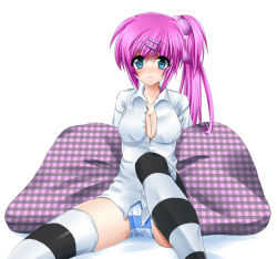 Rule 34 | 1girl, blue eyes, blush, breasts, cameltoe, cleavage, large breasts, little busters!, long hair, masayu, panties, pink hair, purple hair, saigusa haruka, shirt, sitting, solo, striped clothes, striped panties, striped thighhighs, thighhighs, tight clothes, tight shirt, underwear