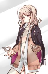 Rule 34 | 1girl, blonde hair, blush, bottomless, breasts, buttons, cosplay, cowboy shot, curly hair, diabolik lovers, flower, glass, hair ornament, hairpin, half-closed eyes, jacket, jacket on shoulders, komori yui, namisuzu, petite, pink eyes, rejet, school uniform, small breasts, solo, sweater, twitter username, unbuttoned, uniform