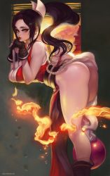 Rule 34 | 1girl, absurdres, ass, bare shoulders, bent over, breasts, brown hair, cleavage, closed mouth, elsevilla, fatal fury, fingerless gloves, fire, gloves, hair ornament, highres, lips, long hair, looking at viewer, medium breasts, mole, mole under eye, nail polish, ponytail, shiranui mai, sleeveless, snk, snk heroines: tag team frenzy, solo, the king of fighters, yellow eyes