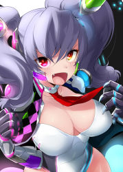 Rule 34 | 10s, 1girl, breasts, cleavage, cyborg, detached collar, divine gate, facial mark, fangs, gauntlets, headgear, heterochromia, large breasts, leotard, mechanical arms, naso4, necktie, neon trim, pink eyes, purple hair, replica burst, solo, twintails, yellow eyes
