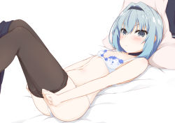 Rule 34 | &gt;:(, 10s, 1girl, ass, bare arms, bare shoulders, bed sheet, black choker, black hairband, black pantyhose, black skirt, blue eyes, blue hair, body blush, bra, breasts, choker, closed mouth, clothes pull, feet out of frame, floral print, hair intakes, hairband, hinata masaki, knees up, looking at viewer, lying, navel, on back, panties, pantyhose, pantyhose pull, pillow, print bra, rose print, ryuuou no oshigoto!, short hair, simple background, skirt, skirt pull, small breasts, solo, sora ginko, stomach, tsurime, underwear, underwear only, undressing, v-shaped eyebrows, white background, white bra, white panties