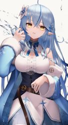 Rule 34 | 1girl, absurdres, ahoge, belt, blue bow, blue bowtie, blue coat, blue hair, blue nails, bow, bowtie, braid, breasts, brown belt, coat, corset, cowboy shot, crossed bangs, elf, flower, hair between eyes, hair flower, hair ornament, half updo, highres, holding, hololive, ice, large breasts, long hair, long sleeves, looking at viewer, multicolored hair, nail polish, off shoulder, open clothes, open coat, pointy ears, shirt, sleeveless, sleeveless shirt, snowflake print, solo, standing, streaked hair, thomas 8000, very long hair, virtual youtuber, white flower, white shirt, yellow eyes, yukihana lamy
