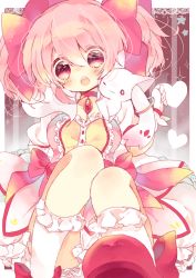 Rule 34 | 10s, 1girl, :o, bad id, bad pixiv id, hair ribbon, heart, highres, kaname madoka, kyubey, magical girl, mahou shoujo madoka magica, mahou shoujo madoka magica (anime), md5 mismatch, nekoto rina, pink eyes, pink hair, ppppa, ribbon, short twintails, sitting, soul gem, twintails