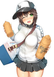 Rule 34 | 10s, 1girl, ;d, anchor symbol, b-ginga, baseball cap, between breasts, black hair, black skirt, blush, bottle, breasts, commentary request, cooler, eyebrows, green eyes, hat, hayasui (kancolle), hot, jacket, kantai collection, large breasts, long sleeves, looking at viewer, miniskirt, one eye closed, open mouth, pleated skirt, round teeth, short hair, simple background, skirt, smile, solo, strap between breasts, sweat, teeth, track jacket, white background, zipper