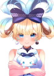 Rule 34 | 1girl, absurdres, aizawa ema, aizawa ema (2nd costume), alternate hairstyle, bare shoulders, blonde hair, blue bow, blue eyes, blue hair, bow, cat earrings, crossed arms, gradient hair, hair rings, highres, hug, long hair, looking at viewer, multicolored hair, official alternate costume, simple background, smile, solo, temari maco, upper body, very long hair, virtual youtuber, vspo!, white background