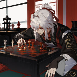 Rule 34 | 1boy, ahoge, black gloves, black jacket, board game, chess, chess piece, chessboard, closed mouth, fingerless gloves, fingernails, gloves, grey hair, hair between eyes, hair ribbon, hand up, holding, holding chess piece, honkai: star rail, honkai (series), indoors, jacket, jar, jing yuan, long hair, long sleeves, looking to the side, male focus, orange eyes, ponytail, red ribbon, red shirt, reflection, ribbon, shirt, sidelocks, sitting, smile, solo, wall, wide sleeves, window