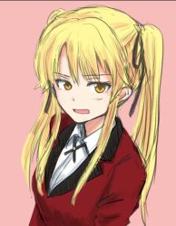 Rule 34 | 1girl, blonde hair, kakegurui, looking at viewer, mutsu (layergreen), open mouth, red background, saotome mary, school uniform, sidelocks, simple background, solo, tagme, twintails, twitter, yellow eyes