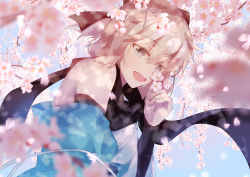 Rule 34 | 1girl, :d, absurdres, ahoge, bare shoulders, black scarf, blonde hair, blue sky, blurry, blurry foreground, bow, branch, cherry blossoms, fate/grand order, fate (series), flower, from side, grey eyes, hair between eyes, hair bow, hand up, haori, highres, holding, holding flower, japanese clothes, kimono, koha-ace, long sleeves, looking at viewer, looking to the side, off shoulder, okita souji (fate), okita souji (koha-ace), open mouth, red bow, scarf, short hair, sidelocks, sky, sleeveless, sleeveless kimono, smile, solo, tsukioto, upper body, white kimono
