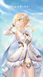 Rule 34 | 1girl, absurdres, armor, armored dress, armpits, bad id, bad pixiv id, black gloves, blonde hair, blue sky, breasts, capelet, character name, cleavage, cloud, detached sleeves, dress, fingerless gloves, floating hair, flower, genshin impact, gloves, gold, gold trim, hair between eyes, hair flower, hair ornament, hand on own face, hand up, highres, looking ahead, looking to the side, lumine (genshin impact), medium breasts, one eye closed, onee928, parted lips, short dress, short hair with long locks, sidelocks, sky, solo, standing, white capelet, white dress, white flower, yellow eyes