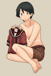 Rule 34 | 1girl, barefoot, belt, black eyes, black hair, blush, breasts, chagamaka, closed mouth, collarbone, feet, grey background, highres, kantai collection, mogami (kancolle), red sailor collar, red shirt, sailor collar, shirt, short hair, shorts, simple background, sitting, small breasts, solo, topless, unworn shirt