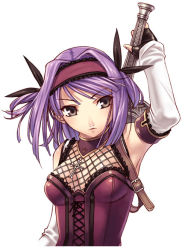 Rule 34 | 1girl, adel (blazing souls), armpits, blazing souls, detached collar, detached sleeves, expressionless, grey eyes, hair intakes, hairband, hirano katsuyuki, official art, purple hair, short hair, solo, spectral (series), white background