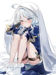 Rule 34 | 1girl, ahoge, ankle socks, black gloves, blanket, blue dress, blue eyes, blush, closed mouth, commentary request, crying, crying with eyes open, dress, eyes visible through hair, frilled socks, frills, full body, furina (genshin impact), genshin impact, gloves, grey hair, hair between eyes, hair intakes, half gloves, hand up, highres, knees up, long sleeves, looking down, panties, sad, short hair, sitting, socks, solo, sorani (kaeru0768), sound effects, tears, thigh strap, under covers, underwear, white background, white panties, white socks