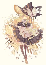 Rule 34 | 1girl, absurdres, apron, black dress, black hat, blonde hair, boots, bow, braid, brown footwear, closed mouth, dress, frilled apron, frilled dress, frilled sleeves, frills, full body, hair between eyes, hat, hat bow, highres, kirisame marisa, knee boots, layered sleeves, long hair, long sleeves, nikorashi-ka, short over long sleeves, short sleeves, simple background, single braid, smile, solo, star (symbol), touhou, waist apron, white apron, white bow, witch hat, yellow background, yellow eyes