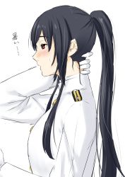 Rule 34 | 10s, 1girl, alternate hairstyle, black hair, blush, brown eyes, commentary request, epaulettes, female admiral (kancolle), from side, gloves, hand on own neck, highres, jacket, kantai collection, long hair, long sleeves, military, military uniform, neck, niwatazumi, open mouth, ponytail, sidelocks, solo, sweat, tatebayashi sakurako, translated, uniform, upper body, white background