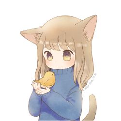 Rule 34 | 1girl, 2016, animal, animal ears, artist name, ayu (mog), bad id, bad twitter id, bird, blush, brown eyes, brown hair, cat ears, cat tail, chick, child, chinese zodiac, dated, holding, holding animal, long hair, new year, original, simple background, sweater, tail, white background, year of the rooster