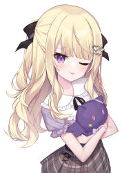 Rule 34 | 1girl, ;p, ariel23795, black bow, blonde hair, bow, brown skirt, hair bow, hair ornament, heart, heart hair ornament, holding, holding stuffed toy, long hair, one eye closed, purple eyes, purple shirt, re:act, shirt, simple background, skirt, solo, stuffed bat, stuffed toy, tongue, tongue out, tsukushi aria, virtual youtuber, white background