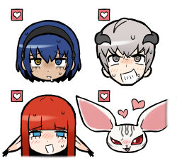 1girl 3boys @_@ absurdres aroused blue_eyes blue_hair blunt_bangs blush chibi clenched_teeth fangs gameplay_mechanics grey_hair heart heismay_(metaphor:_refantazio) heterochromia highres horns hulkenberg_(metaphor:_refantazio) long_hair metaphor:_refantazio multiple_boys open_mouth protagonist_(metaphor:_refantazio) red_hair sach56000 simple_background strohl_(metaphor:_refantazio) sweat teeth white_background