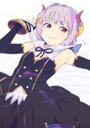 Rule 34 | 10s, 1girl, arm warmers, armpits, blue hair, blush, closed mouth, demon horns, detached collar, detached sleeves, flat chest, granblue fantasy, grey background, hair ornament, horns, idolmaster, idolmaster cinderella girls, koshimizu sachiko, looking to the side, lying, multicolored hair, on back, purple hair, red eyes, sailor collar, short hair, simple background, smile, so shina, sohin, solo, star (symbol), streaked hair, vest, x hair ornament