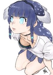 Rule 34 | 1girl, blue eyes, blunt bangs, braid, breasts, choker, coelacanth (kemono friends), collarbone, downblouse, eyelashes, fins, from above, head fins, kemono friends, kemono friends 3, kishida shiki, kneeling, leaning forward, lips, long hair, medium breasts, multicolored hair, no pupils, parted lips, shirt, short sleeves, side braid, simple background, solo, twin braids, white background, white shirt