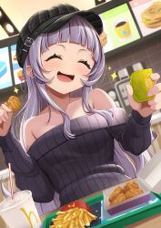 Rule 34 | 1girl, absurdres, alternate costume, bare shoulders, black hat, black sweater, blunt bangs, blurry, blurry background, blush, breasts, casual, chicken nuggets, closed eyes, collarbone, commentary, cup, drinking straw, dutch angle, facing viewer, fang, fast food, food, french fries, grey hair, hat, highres, holding, holding food, hololive, indoors, kaigan, long hair, long sleeves, menu, murasaki shion, mustard, no eyewear, off-shoulder sweater, off shoulder, open mouth, plaid headwear, restaurant, ribbed sweater, sauce, sidelocks, small breasts, smile, solo, sparkle, sweater, teeth, tile wall, tiles, tray, upper body, upper teeth only, virtual youtuber