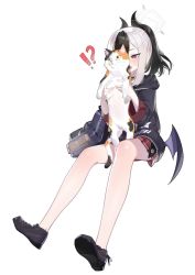 Rule 34 | !?, 1girl, 1other, animal, backpack, bag, bare legs, black footwear, black hair, black hoodie, blue archive, blush, cat, demon horns, drooling, full body, halo, highres, holding, holding animal, holding cat, hood, hoodie, horns, karasu-san (syh3iua83), kayoko (blue archive), long sleeves, looking at another, low wings, mouth drool, multicolored hair, plaid, plaid skirt, ponytail, red eyes, red skirt, sidelocks, simple background, single wing, skirt, two-tone hair, white background, white hair, wings