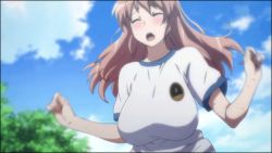 Rule 34 | 10s, animated, animated gif, blush, bouncing breasts, breasts, brown hair, closed eyes, clothes, huge breasts, koumi haruka, long hair, open mouth, playing sports, rail wars!, running, screencap, sky, sport uniform