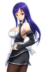 Rule 34 | 1girl, apron, bare shoulders, blue eyes, blue hair, breasts, cleavage, cleavage cutout, clothing cutout, detached sleeves, dream c club, dream c club (series), hand on own hip, hip focus, large breasts, long hair, matching hair/eyes, pantyhose, reika (dream c club), sash, saturn-freak, simple background, solo, waitress, white background