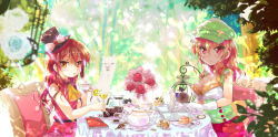 Rule 34 | 2girls, alpaca, animal, ascot, bird, black hat, blonde hair, blurry, blurry foreground, blush, breasts, brown eyes, brown hair, cabbie hat, cafe-chan to break time, cafe (cafe-chan to break time), cake, cake slice, chair, cleavage, closed mouth, commentary request, cup, day, depth of field, drink, flower, food, forest, gloves, green hat, green shirt, hair between eyes, hat, highres, holding, large breasts, long hair, looking at viewer, looking to the side, medium breasts, mini hat, mini top hat, multiple girls, nature, on chair, outdoors, parted lips, pink flower, pink rose, porurin (do-desho), quill, red eyes, red flower, red rose, red shirt, rose, saucer, shirt, sitting, sleeveless, sleeveless shirt, smile, squirrel, table, tea (cafe-chan to break time), teacup, teapot, top hat, white flower, white gloves, white rose, yellow ascot