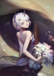 Rule 34 | 10s, 1girl, back, bad id, bad pixiv id, bare arms, bare shoulders, black nails, blue dress, bouquet, breasts, closed mouth, cowboy shot, dress, flag, flower, formal, gown, grey eyes, hair ornament, hair ribbon, hairband, highres, holding, holding bouquet, horns, light particles, looking back, nail polish, oni, oni horns, petals, purple ribbon, rabbit (tukenitian), re:zero kara hajimeru isekai seikatsu, rem (re:zero), ribbon, shade, short hair, silver hair, single horn, small breasts, solo, spoilers, strapless, strapless dress, white flower, x hair ornament