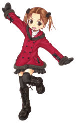 Rule 34 | airplane arms, bad id, bad pixiv id, boots, brown hair, child, coat, gloves, gotou hisashi, green eyes, hair bobbles, hair ornament, ichigo mashimaro, knee boots, matsuoka miu, mittens, open mouth, outstretched arms, short twintails, skirt, solo, spread arms, thighhighs, traditional media, twintails, zettai ryouiki
