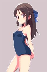 Rule 34 | 1girl, arms behind back, bare shoulders, biruchiru, blue one-piece swimsuit, blue ribbon, blush, bow, brown eyes, brown hair, collarbone, cowboy shot, dot nose, flat chest, from side, hair bow, hair ribbon, highres, idolmaster, idolmaster cinderella girls, idolmaster cinderella girls starlight stage, long hair, looking at viewer, one-piece swimsuit, open mouth, purple background, ribbon, simple background, solo, standing, swimsuit, tachibana arisu