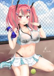 Rule 34 | 1girl, absurdres, azur lane, ball, blue sky, breasts, bremerton (azur lane), bremerton (scorching-hot training) (azur lane), chain-link fence, crop top, crop top overhang, fence, gouka, hair ornament, hairclip, highres, large breasts, mole, mole under eye, multicolored hair, navel, open mouth, pink hair, red eyes, see-through, shirt, sitting, skirt, sky, sportswear, sweat, tennis ball, tennis uniform, wet, wet clothes, white shirt