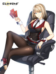 Rule 34 | 1girl, ankle boots, bare arms, bare shoulders, belt, black belt, black bow, black footwear, black hair, black necktie, black pantyhose, black skirt, black vest, blonde hair, blue eyes, bob cut, boots, bow, breasts, card, chair, closers, collared shirt, copyright name, crossed legs, croupier, dress shirt, fold-over boots, foot out of frame, footwear bow, gradient hair, grin, hair ornament, hairclip, hand up, harpy (closers), high heels, highres, holding, holding card, impossible clothes, impossible shirt, impossible vest, knee up, large breasts, leg up, logo, looking at viewer, midriff peek, miniskirt, mole, mole under eye, multicolored hair, necktie, office chair, official art, on chair, pantyhose, pencil skirt, playing card, red bow, shirt, short hair, sideboob, sitting, skirt, sleeveless, sleeveless shirt, smile, solo, swept bangs, swivel chair, two-tone footwear, vest, waistcoat, white background, white footwear, white shirt, white wrist cuffs, wrist bow, wrist cuffs