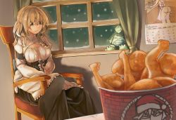 Rule 34 | 1girl, apron, ass, black skirt, blonde hair, blouse, braid, breasts, brown hair, calendar (object), character doll, christmas, cleavage cutout, closed mouth, clothing cutout, commentary, cookie (touhou), corset, creatures (company), curtains, dutch angle, feet out of frame, fried food, frilled apron, frills, game freak, gen 2 pokemon, glasses, green curtains, hat, highres, indoors, inmu-kun, juliet sleeves, kfc, kirisame marisa, large breasts, lonely, long hair, long skirt, long sleeves, manatsu no yo no inmu, mars (cookie), matsumaezuke (nicoseiga53553856), morichika rinnosuke, naked apron, nintendo, pokemon, pokemon (creature), puffy sleeves, remilia scarlet, sakura (cookie), santa hat, shirt, single braid, sitting, skirt, slow loris, snow, snowing, solo, sponge (cookie), stuffed animal, stuffed toy, touhou, tyranitar, waist apron, white apron, white shirt, window