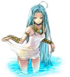 Rule 34 | 10s, 1girl, ahoge, aqua eyes, aqua hair, arm guards, armlet, bare shoulders, choker, clothes lift, collarbone, dress, dress lift, granblue fantasy, hungry clicker, long hair, lyria (granblue fantasy), partially submerged, simple background, smile, solo, very long hair, wading, water, white background, white dress
