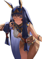Rule 34 | 1girl, animal ears, bare shoulders, blazpu, blush, breasts, dark-skinned female, dark skin, earrings, egyptian, egyptian clothes, facepaint, facial mark, fate/grand order, fate (series), highres, hoop earrings, jackal ears, jewelry, leaning forward, long hair, looking at viewer, low-tied long hair, medium breasts, nitocris (fate), one eye closed, purple eyes, purple hair, simple background, smile, solo, thighs, usekh collar, white background