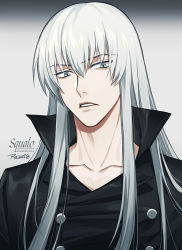 Rule 34 | 1boy, black coat, buttons, character name, coat, collar, collarbone, collared coat, grey background, high collar, katekyo hitman reborn!, long hair, looking at viewer, male focus, open mouth, ru (famia), grey eyes, silver hair, simple background, solo, superbi squalo, upper body